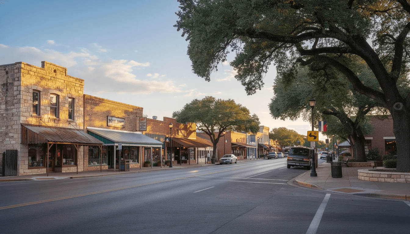 The image showcases the charming downtown area of New Braunfels, Texas, featuring historic buildings and tree-lined streets that invite exploration. This picturesque setting could be a backdrop for personal injury cases, where experienced personal injury attorneys help accident victims recover compensation for their injuries.