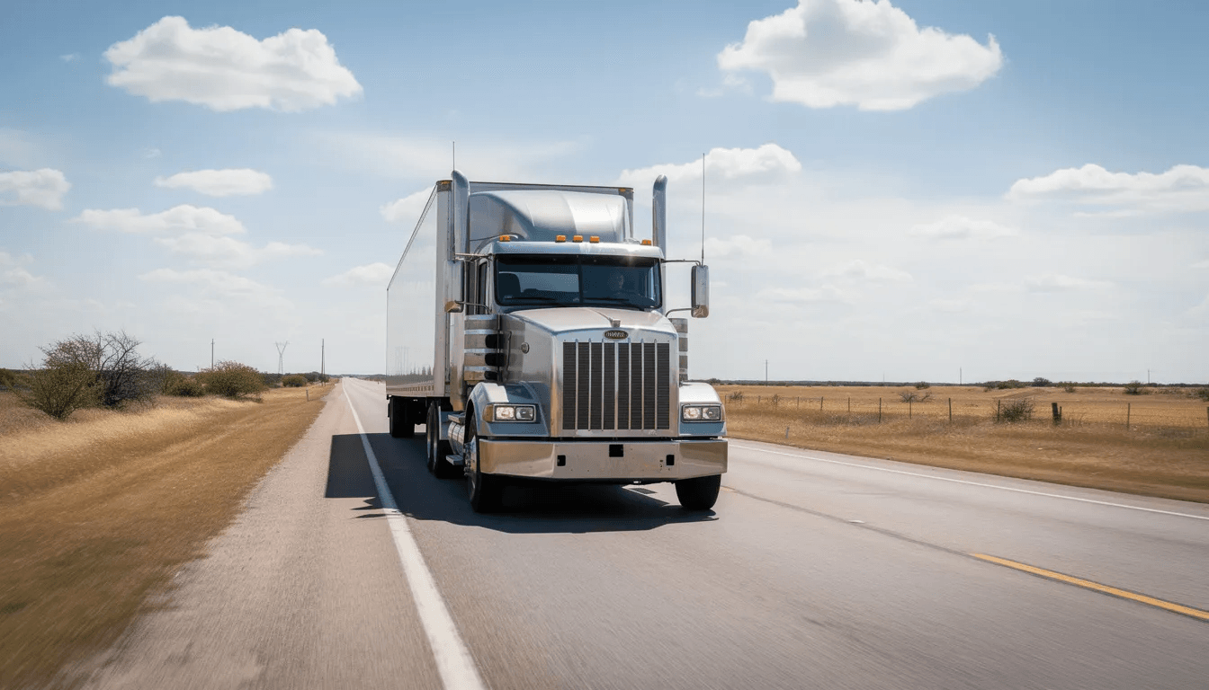 A large semi-truck is seen traveling along a rural highway in Texas, surrounded by an open landscape that stretches into the distance. This image highlights the vastness of central Texas, where personal injury accidents can occur, emphasizing the importance of having experienced personal injury attorneys for legal guidance in such cases.