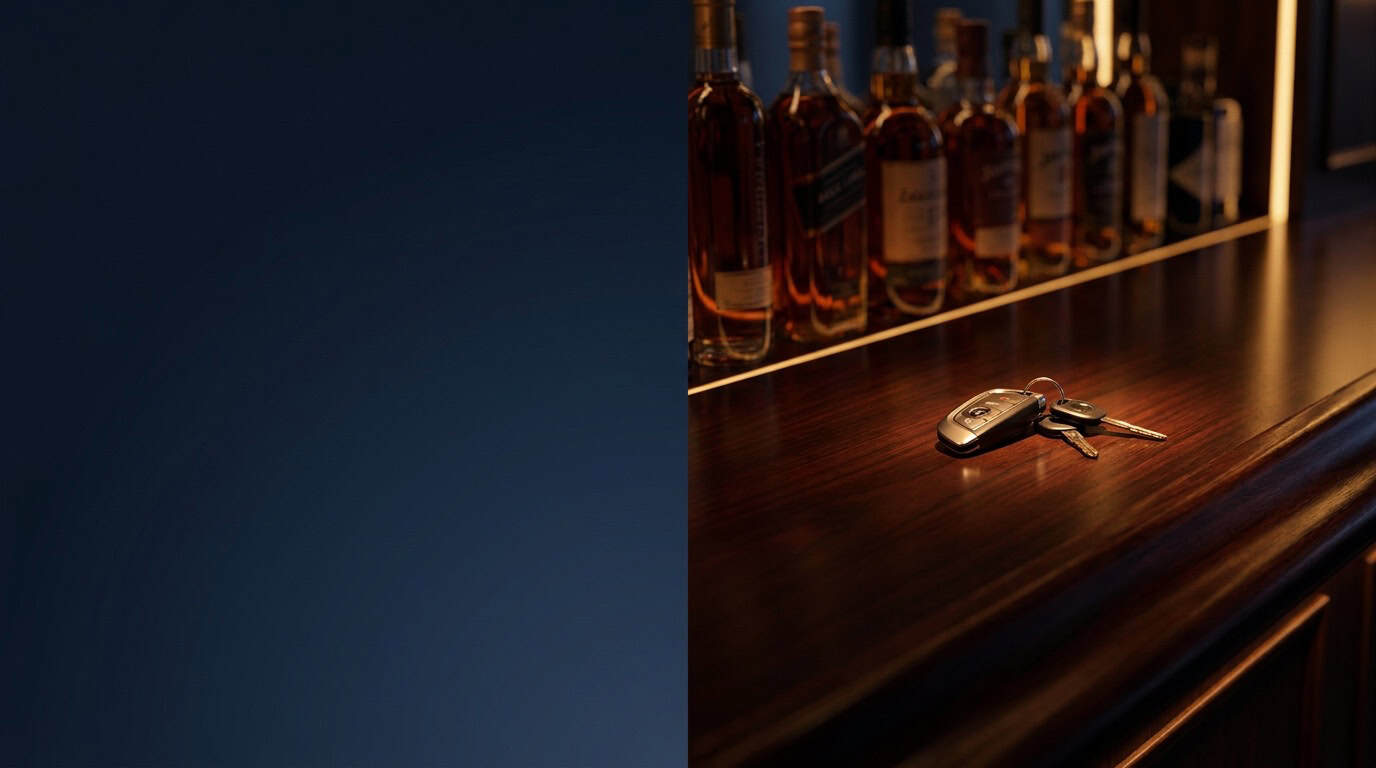 Dimly lit bar counter at night with backlit bottles and a set of car keys