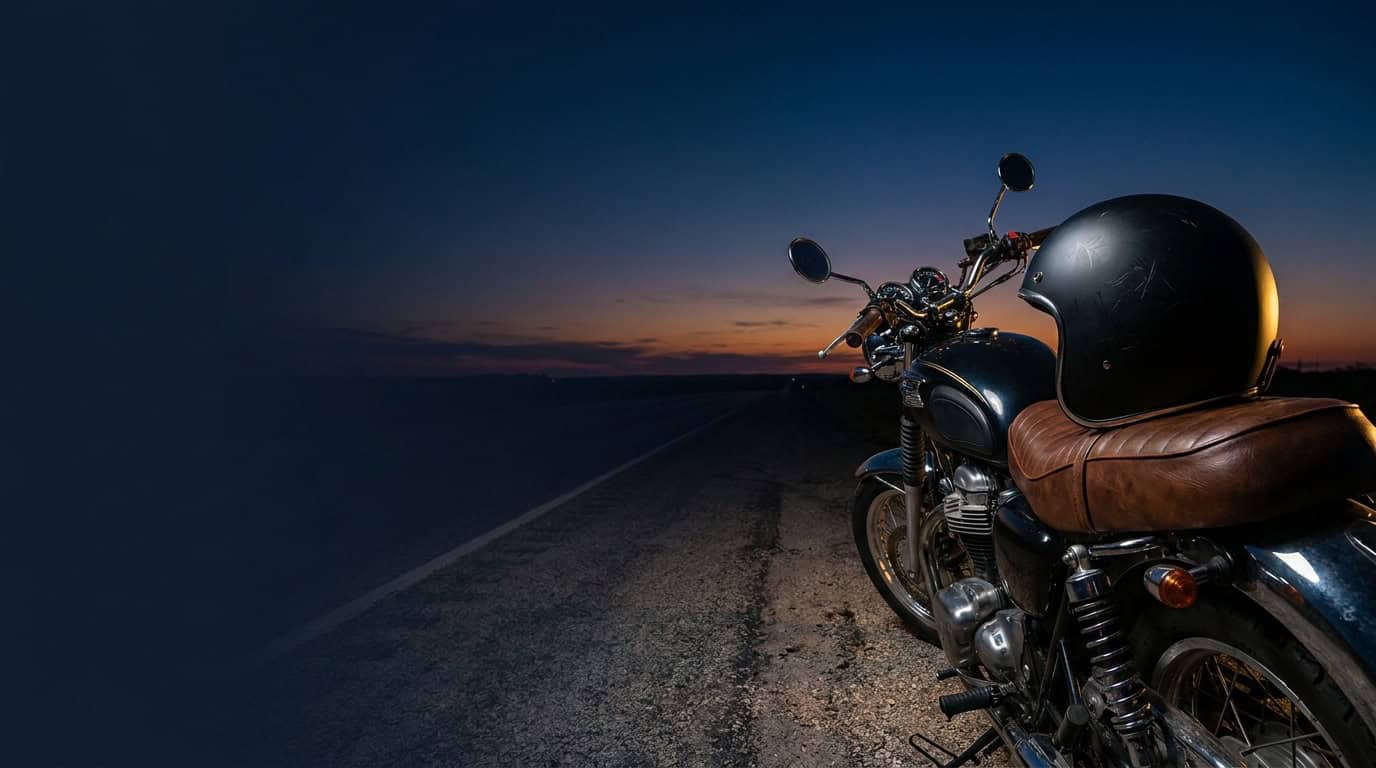 Motorcycle helmet resting on a parked motorcycle seat on an open Texas highway at dusk