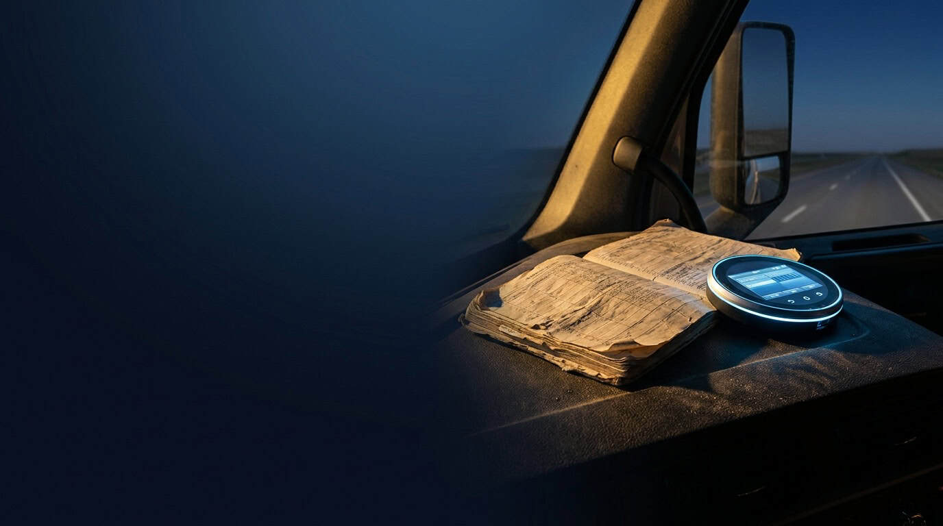 Open trucker logbook and digital ELD dial on an 18-wheeler dashboard at dusk
