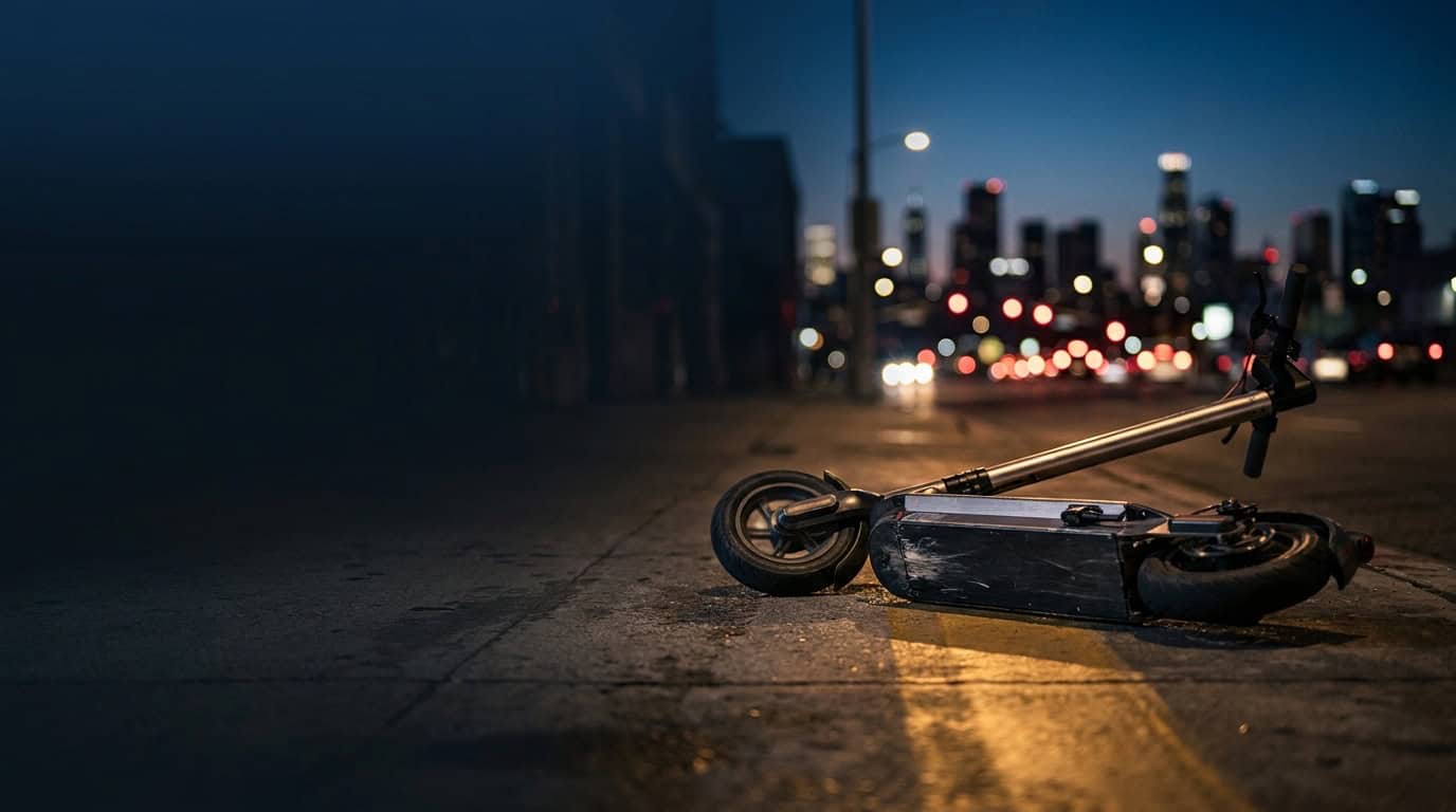 Electric rental scooter tipped over on a downtown Austin sidewalk at dusk
