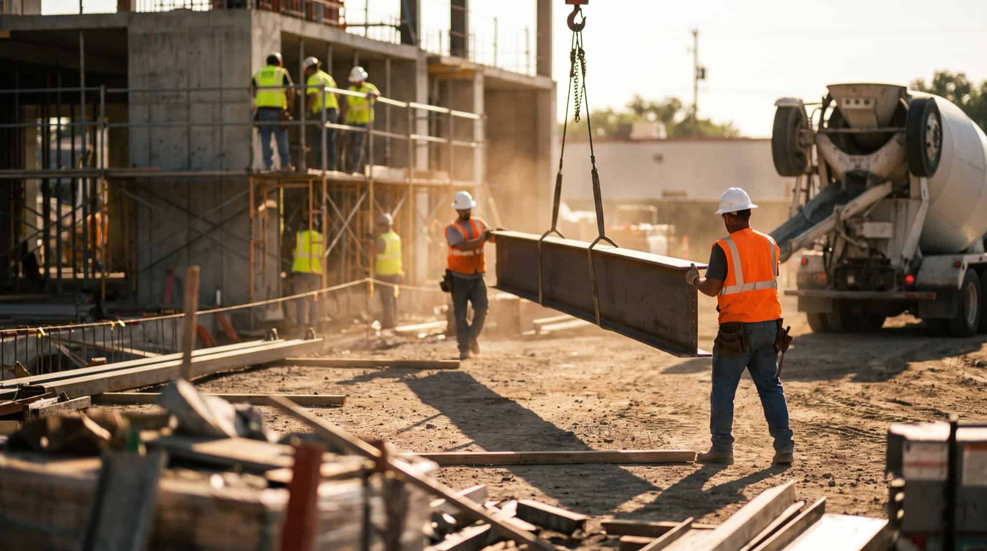 Two construction crews from different companies working around a crane load and a concrete mixer truck on a busy Texas job site
