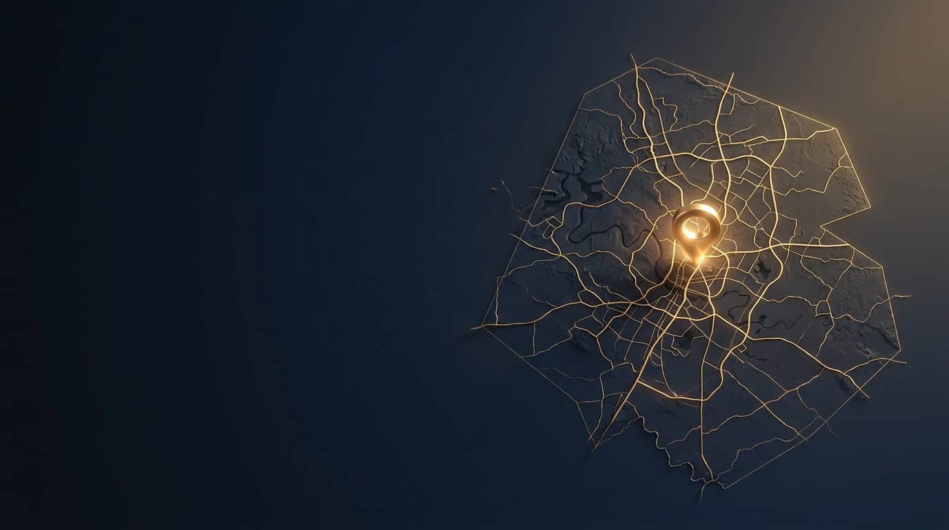 Stylized map of a Central Texas county with roads and a glowing gold location pin