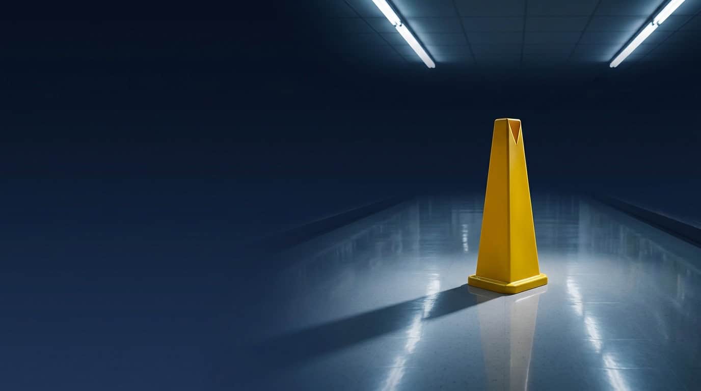 Yellow wet floor caution cone in an empty retail store aisle with a long shadow