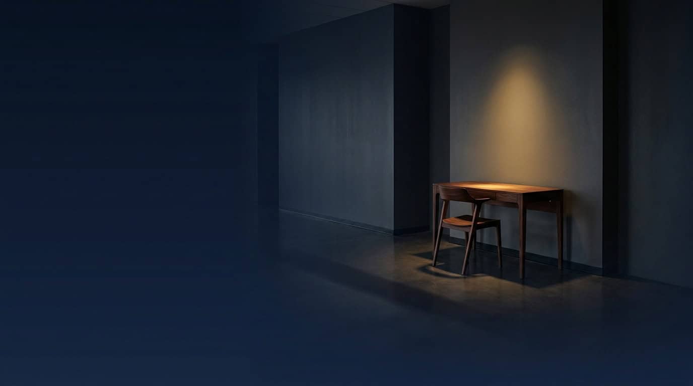 Quiet empty small office corridor at dusk with a single unoccupied desk