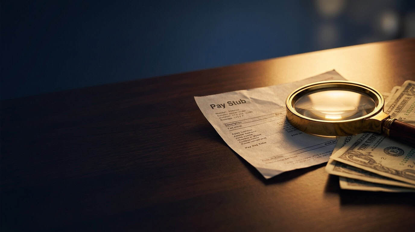 Paycheck pay stub and folded dollar bills under a magnifying glass on a dark desk