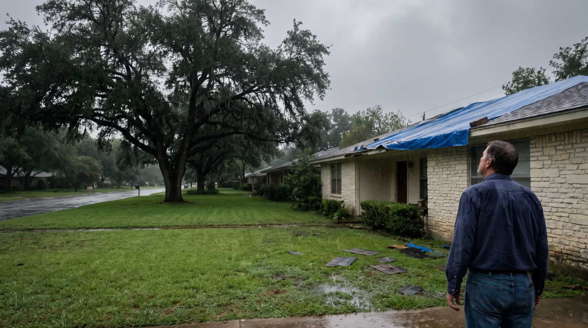 A homeowner looking up at a tarp-covered, storm-damaged roof on a Central Texas limestone home
