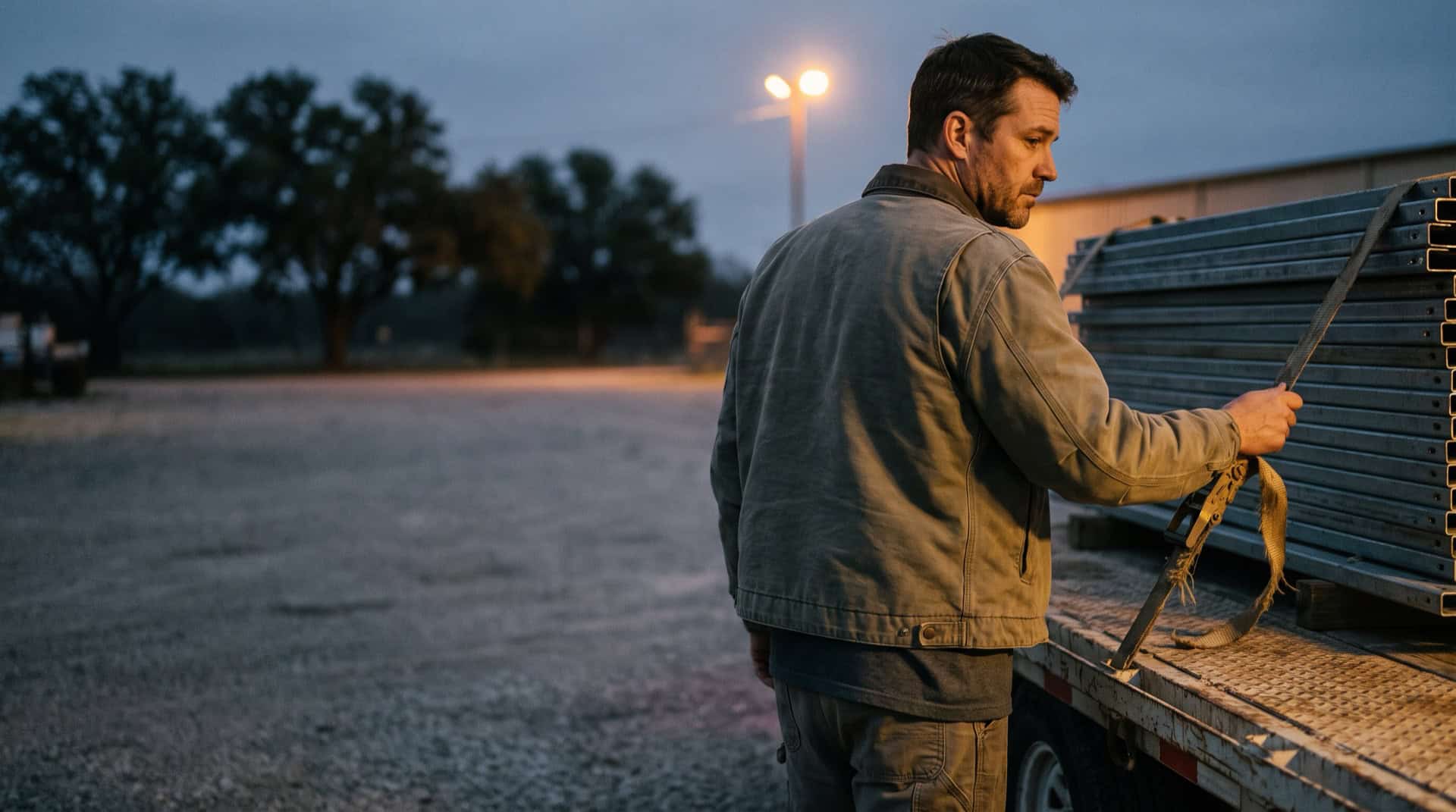 Worker at dusk with his hand on a frayed cargo strap on a loaded flatbed trailer, deciding whether the load is safe to haul