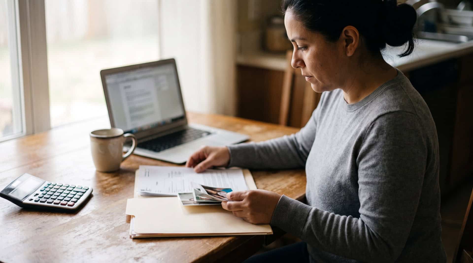 A homeowner at a kitchen table sorting insurance claim paperwork and damage photos next to a laptop