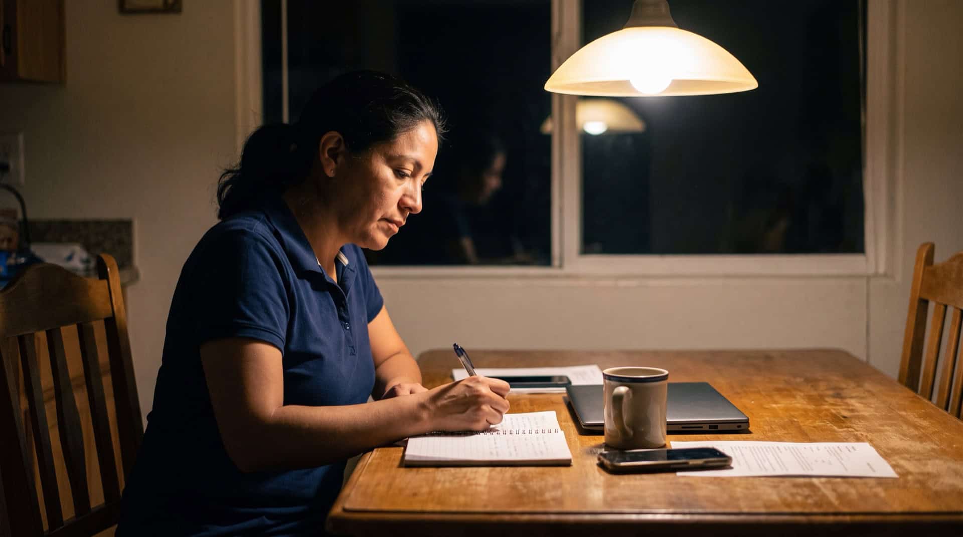 Employee writing notes at a kitchen table at night to record what happened at work after refusing an order