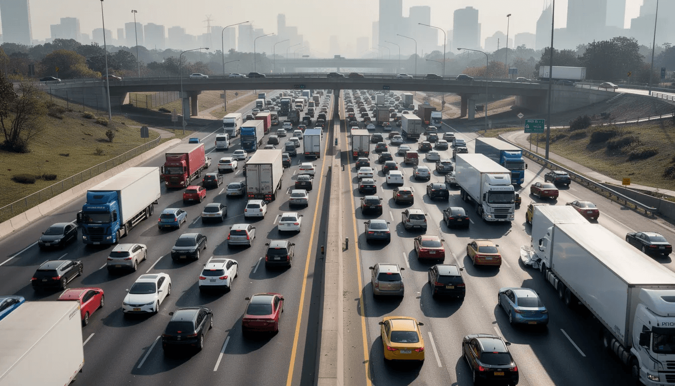The image shows a busy highway filled with multiple lanes of cars and trucks, reflecting the hustle and bustle of daily traffic. This scene is a reminder of the importance of having an experienced personal injury attorney in New Braunfels, especially in the event of car accidents or serious injuries caused by others' negligence.