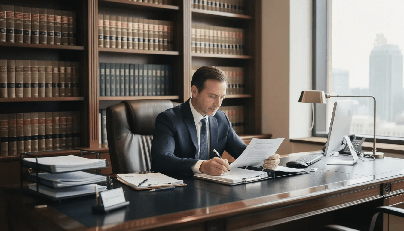 The image depicts a professional legal office where a personal injury attorney is diligently reviewing documents at a desk, surrounded by legal books and papers. This setting reflects the attorney's commitment to handling personal injury cases and advocating for fair compensation for clients in New Braunfels, Texas.