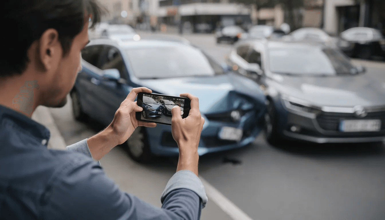 The image shows a person using a smartphone to document a minor car collision, emphasizing the importance of gathering evidence for personal injury claims. This action highlights the need for legal guidance from experienced personal injury attorneys in Bastrop, TX, to navigate the complexities of insurance companies and secure fair compensation.