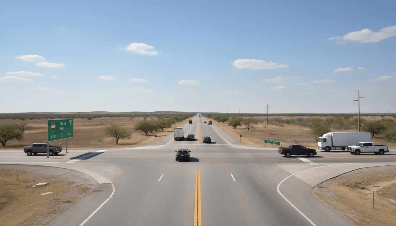 The image depicts a busy Texas highway intersection surrounded by a rural landscape, with various vehicles navigating through the area. This scene highlights the importance of having experienced personal injury attorneys in Bastrop, TX, who can provide legal guidance to those involved in personal injury accidents, including car accidents and motorcycle accidents, ensuring they receive fair compensation for their claims.