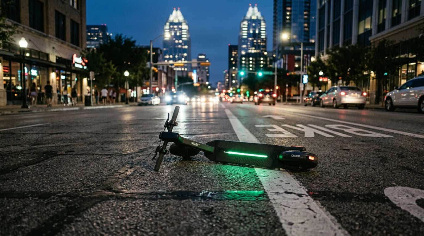 A rented electric scooter lying on its side in an Austin bike lane at dusk with passing traffic in the background