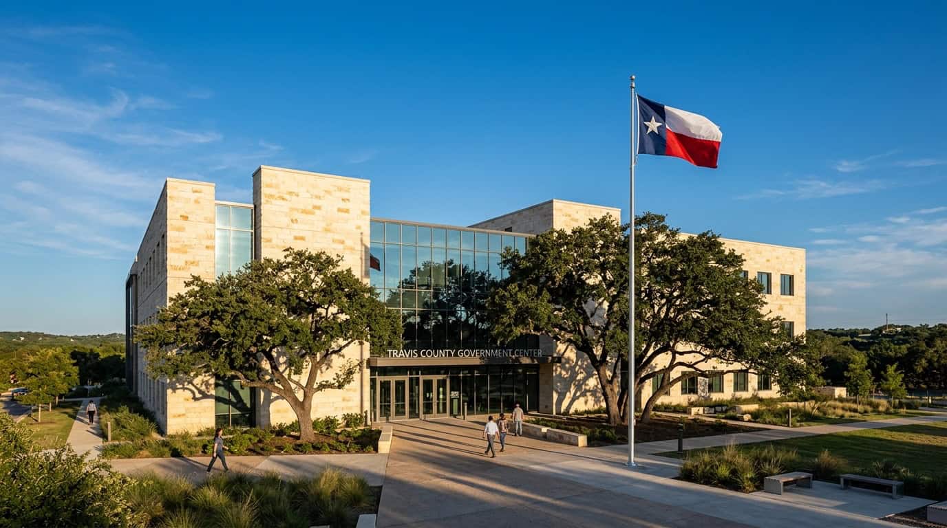 Exterior of a modern Central Texas county government building with a Texas flag and live oak trees in warm afternoon light