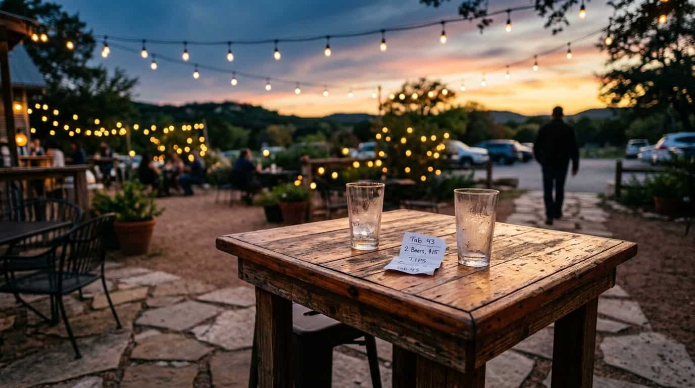 Empty drink glasses and a receipt on a bar patio table at dusk with a person heading to the parking lot in the background