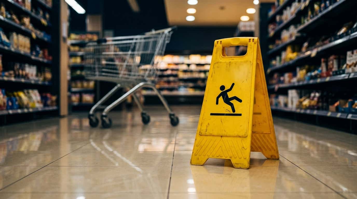 A yellow wet floor caution sign on a reflective tiled retail aisle with a blurred shopping cart in the background