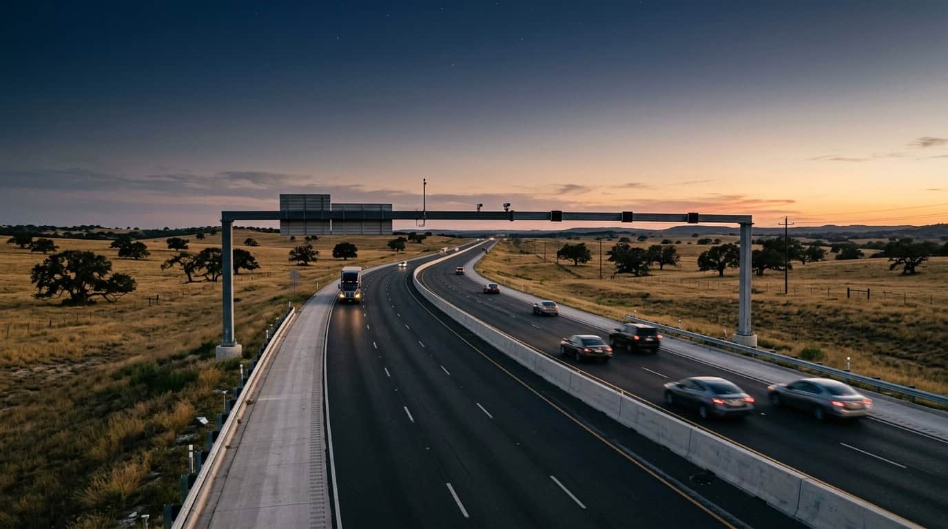 A multi-lane Central Texas toll highway stretching through open ranchland at dusk with a distant tractor-trailer and cars traveling at high speed