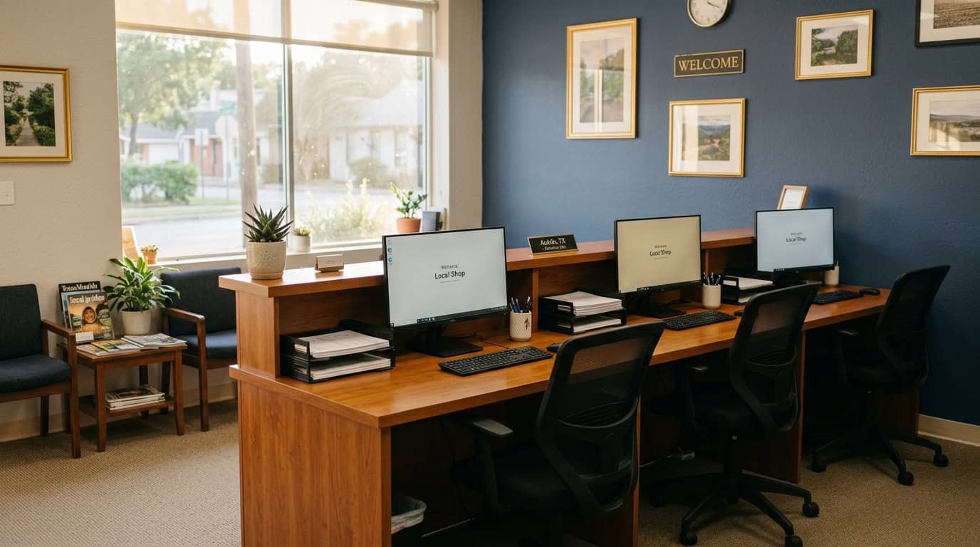 Quiet front desk area of a small Texas business with a few workstations in warm afternoon light