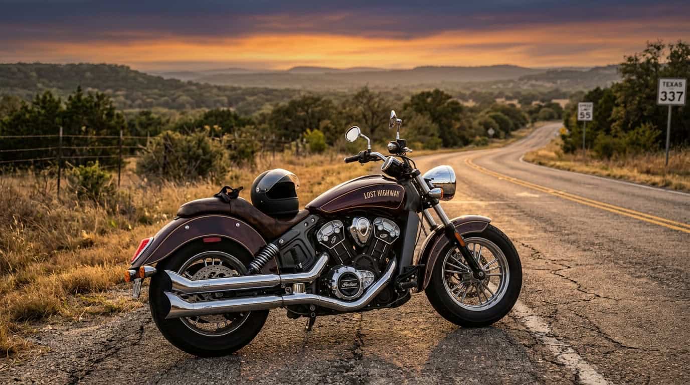 A motorcycle parked on the shoulder of a Texas highway at golden hour with a helmet resting on the seat