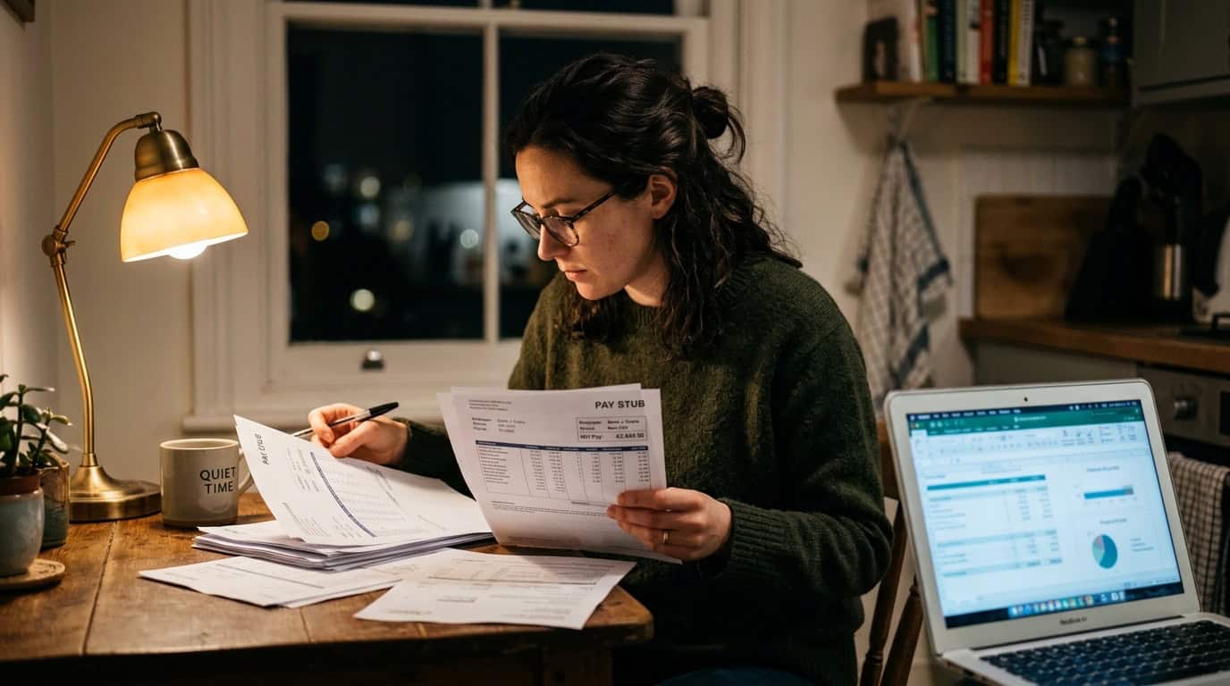 A worker at home reviewing pay stubs and payroll paperwork next to a laptop while checking unpaid wages