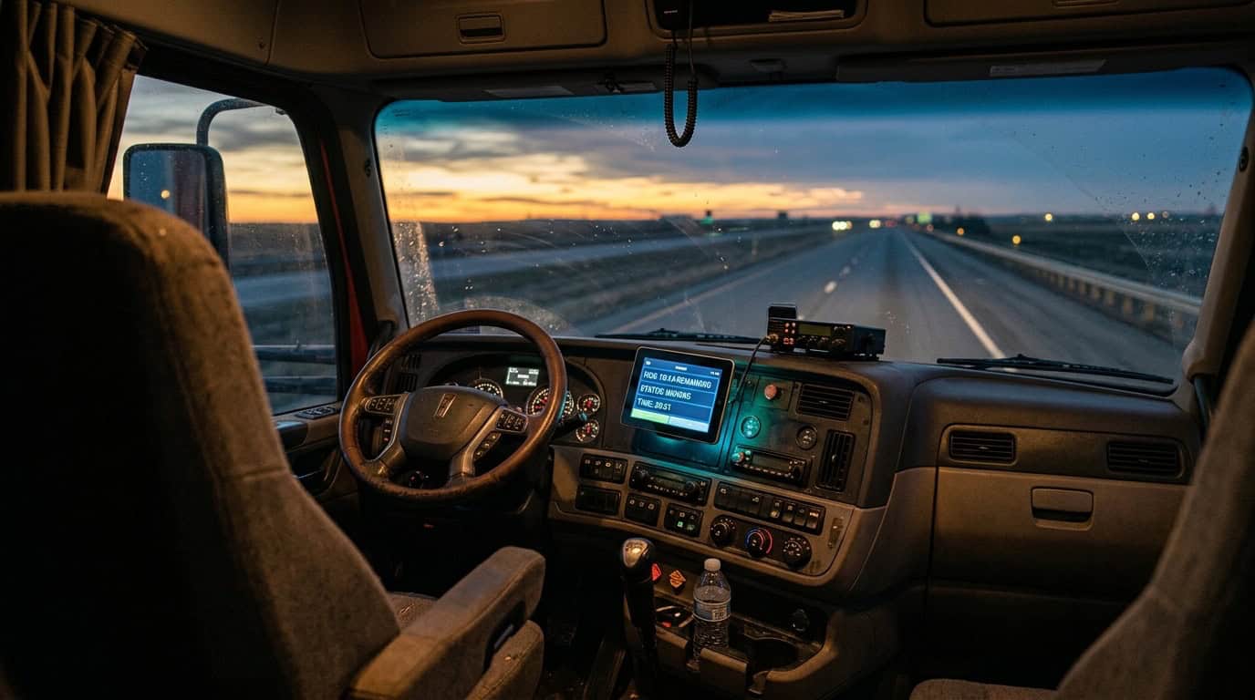 Electronic logging device mounted on an 18-wheeler dashboard at dusk with an open Texas highway ahead