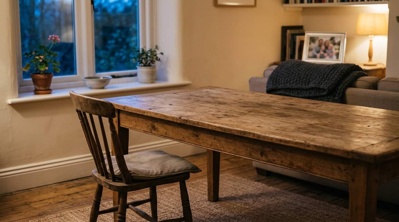 An empty chair at a family dining table in a dimly lit home, suggesting the absence left by a family member's death